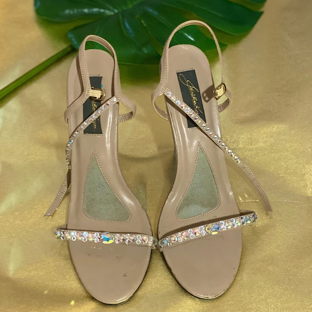 Beautiful double strap nude heels with crystals!